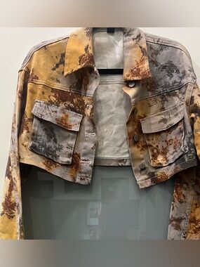 SHEIN Cropped Tie-Dye Utility Jacket - Yellow & Gray Size Small